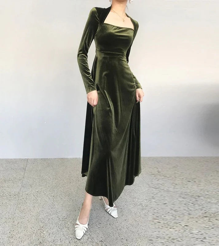 Robe de soirée trapèze en velours vert simple et élégante à manches longues nv1917