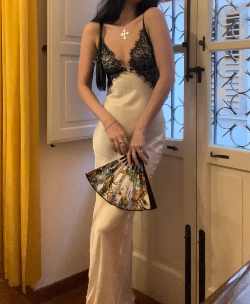 Superbe robe de soirée longue en satin noir et dentelle, dos nu, couleur crème, robe d'accompagnement nv4106