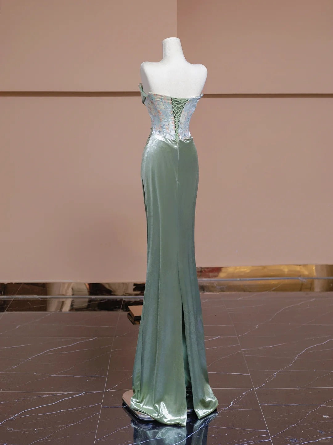 Robe de soirée élégante à fleurs style sirène, coupe ajustée, longue, longueur au sol, style bal, mode verte, nv4189