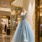 Robe de soirée longue en tulle bleu brillant et élégant avec strass nv4432