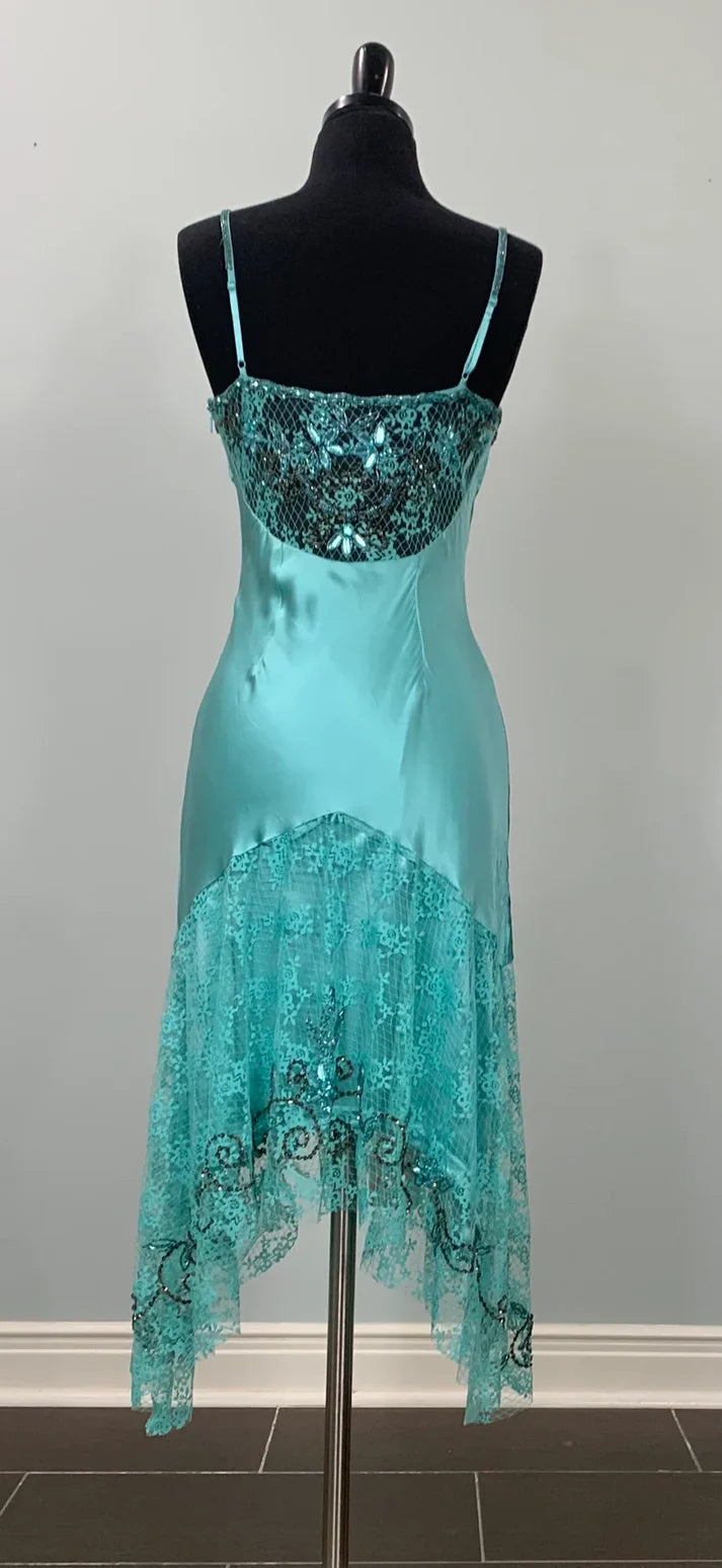 Robe de soirée longue bleue vintage en dentelle perlée et bretelles spaghetti, tenue de bal, robe de soirée, nv3540