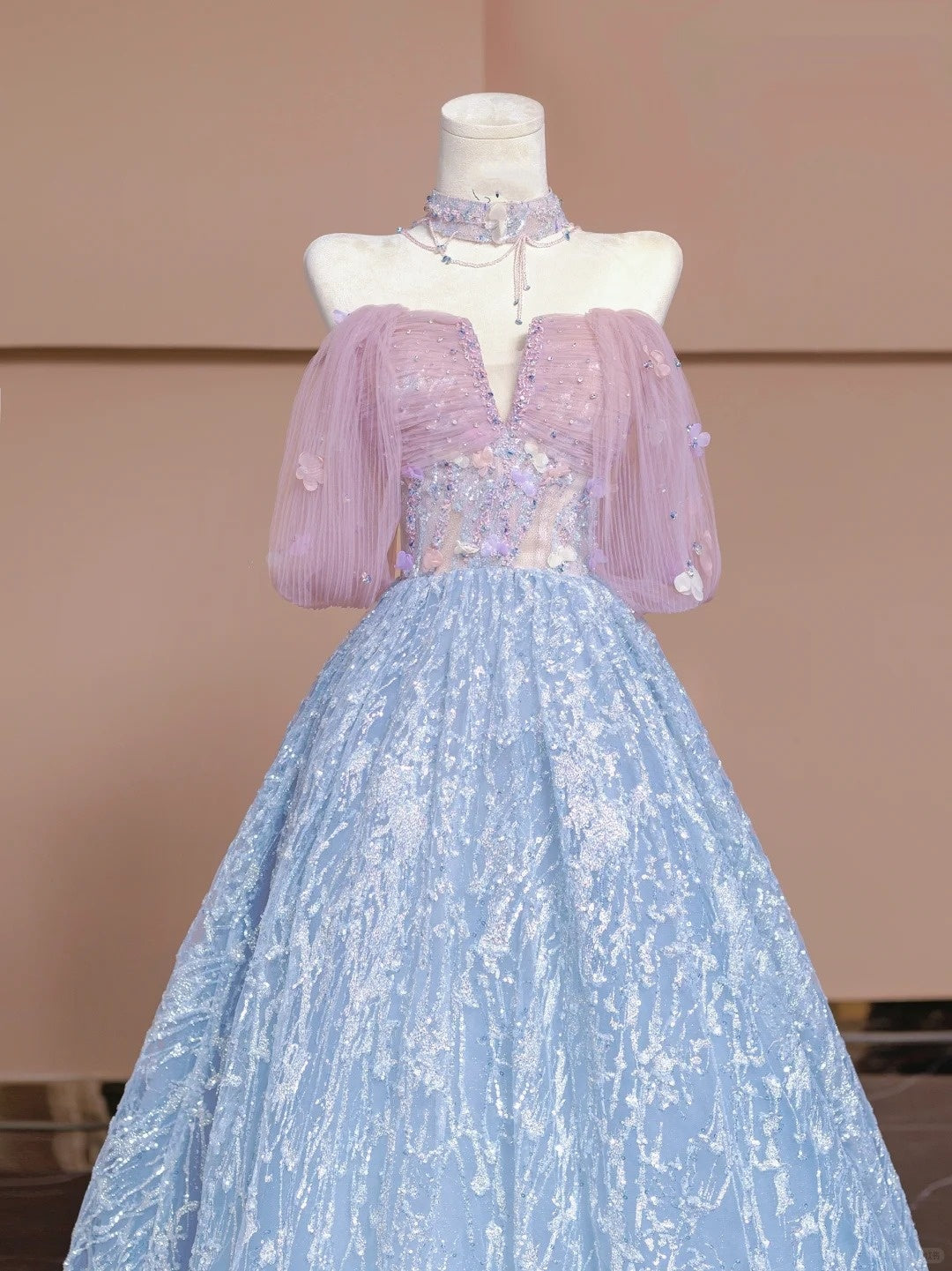 Rosa Blau Perlen Lange Tüll Bodenlangen Ballkleid Abendkleid nv5052
