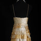 Robe de soirée longue à volants en mousseline de soie à paillettes marron et jaune vintage nv5208