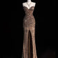 Robe de soirée longue à paillettes dorées, brillante, magnifique, élégante, à bretelles spaghetti, longue et sexy, fendue, paillettes, longueur au sol, nv4276