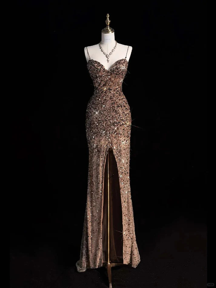 Robe de soirée longue à paillettes dorées, brillante, magnifique, élégante, à bretelles spaghetti, longue et sexy, fendue, paillettes, longueur au sol, nv4276