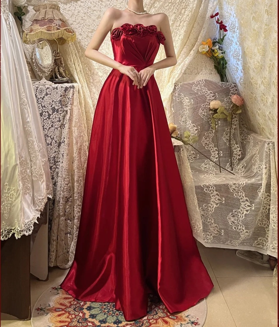 Red delicate floral long elegant satin ball gown evening dress nv4317