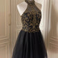 Robe de soirée vintage courte à perles noires et dorées, robe de soirée d'anniversaire nv4711