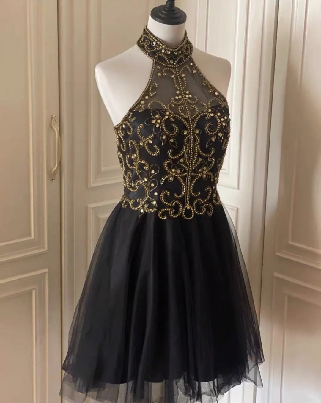 Robe de soirée vintage courte à perles noires et dorées, robe de soirée d'anniversaire nv4711