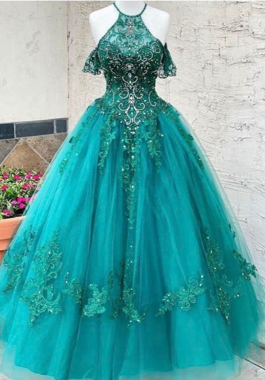 NiceVestidos-Türkisfarbenes, bodenlanges Ballkleid aus Tüll und Spitze mit Neckholder-Ausschnitt und kurzen Ärmeln, NV6167