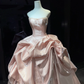 Strapless Light Pink Prom Dress Pearl Beaded Shiny Satin Draped Ball Gown  NV7057