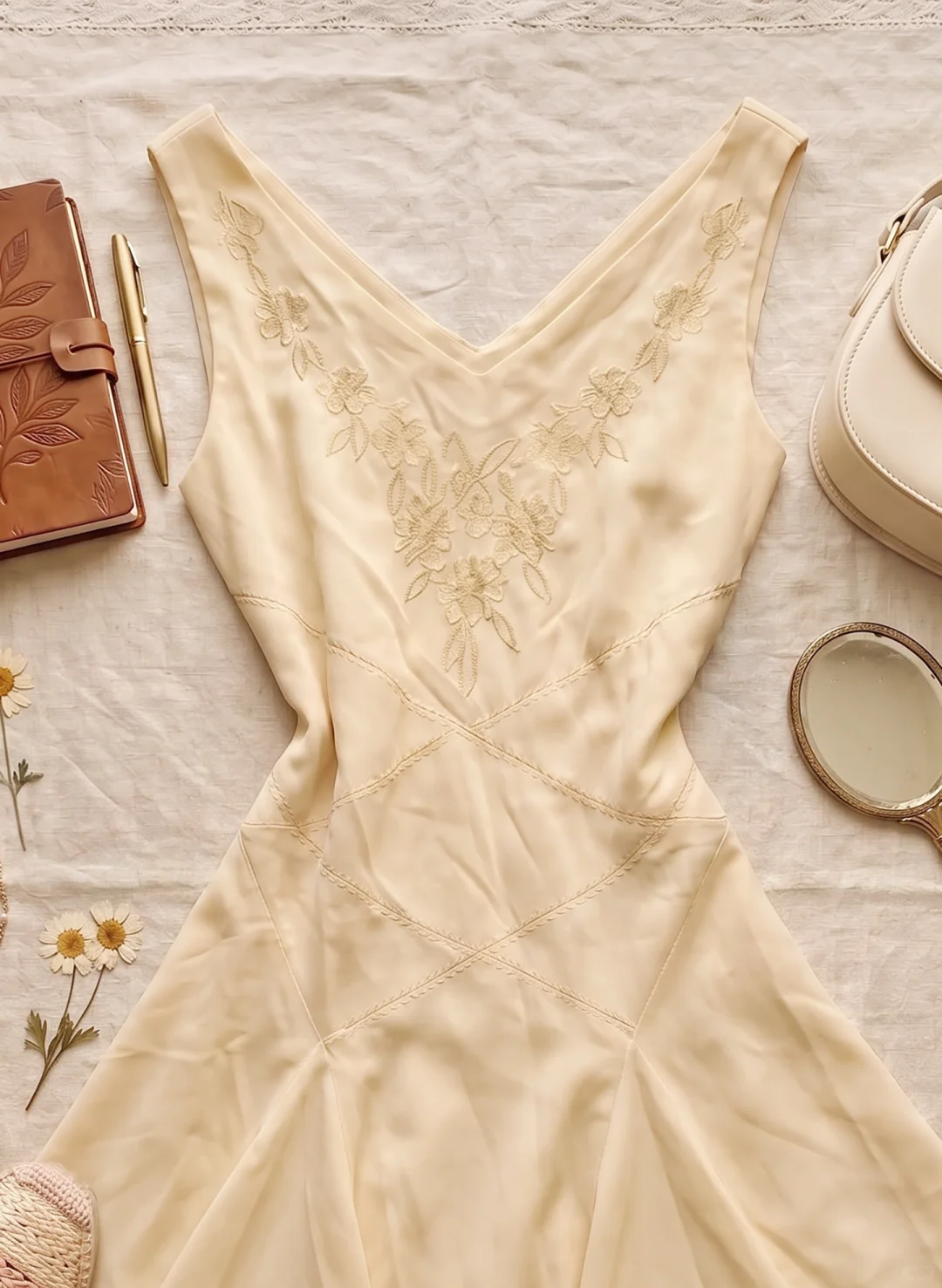 Cream Beige Sleeveless V Neck Short Homecoming Dress Floral Embroidery A-Line Vintage Cocktail Gown  NV6911