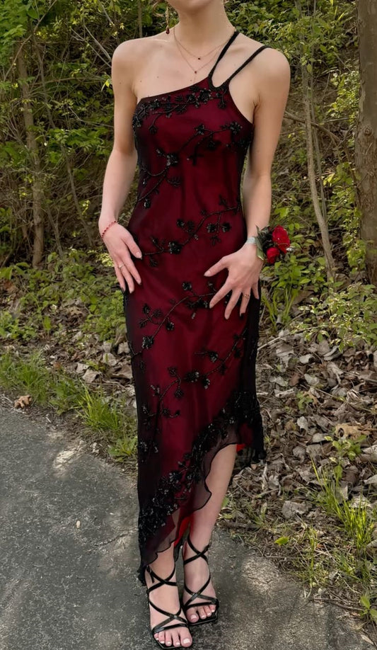 NiceVestidos - Robe longue asymétrique à une épaule, style soirée, bordeaux, noir, motif floral, NV5802