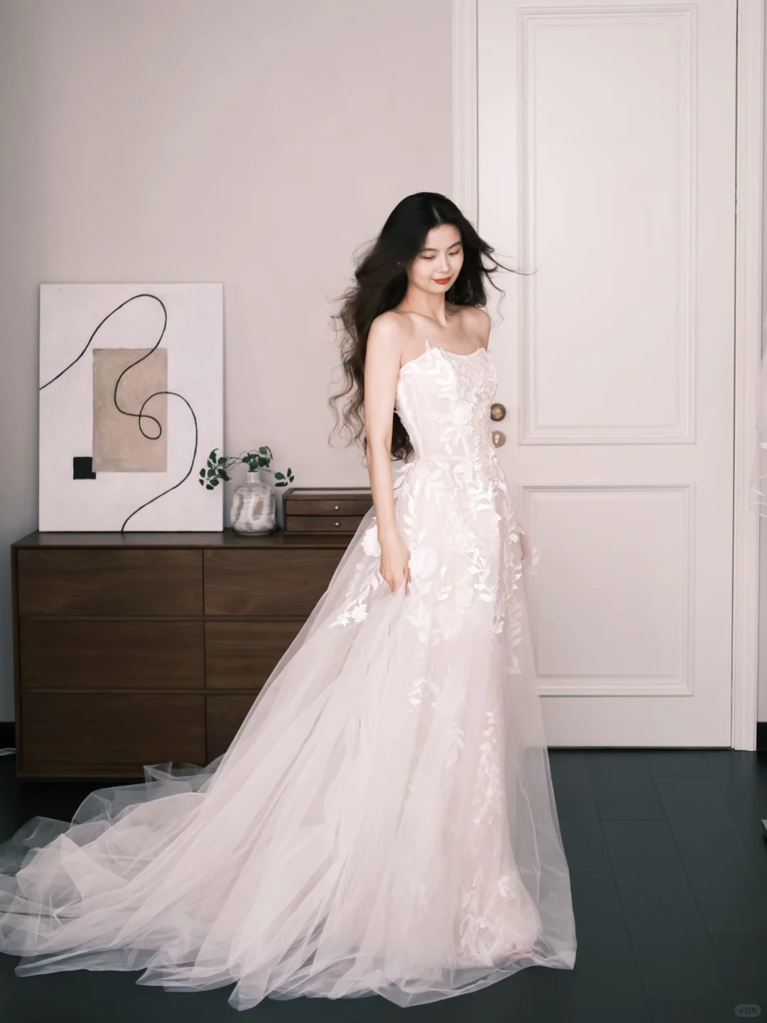 Tulle A Line Wedding Dress Strapless 3D Floral Applique High Slit Bridal Gown  NV7243
