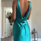 Blue V-neck simple elegant long satin ball gown evening dress wedding guest dress bridesmaid dress nv3106