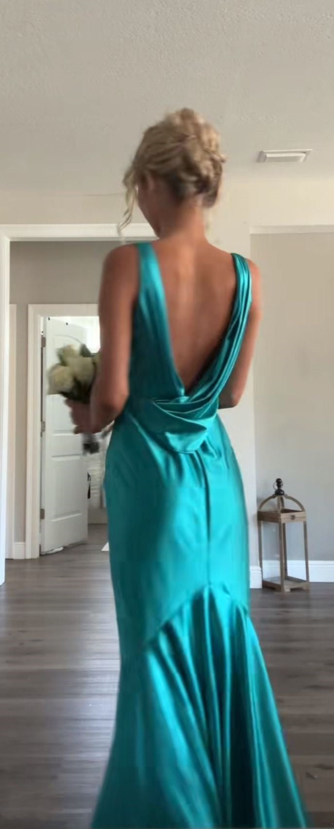 Blue V-neck simple elegant long satin ball gown evening dress wedding guest dress bridesmaid dress nv3106