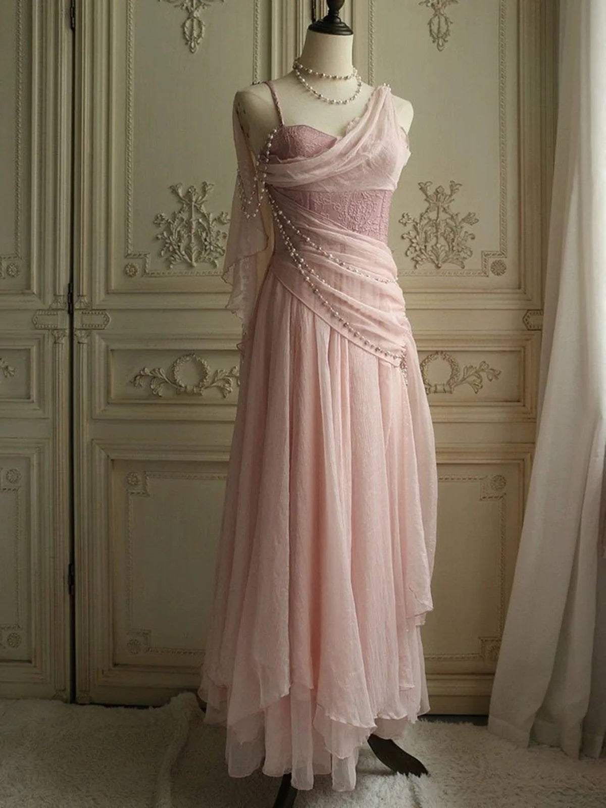 Robe de soirée longue en tulle rose, élégante et douce, avec perles, nv3417