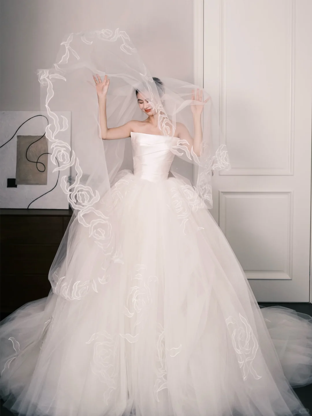 Strapless Draped Satin Tulle Wedding Dress with Rose Embroidery  NV7361