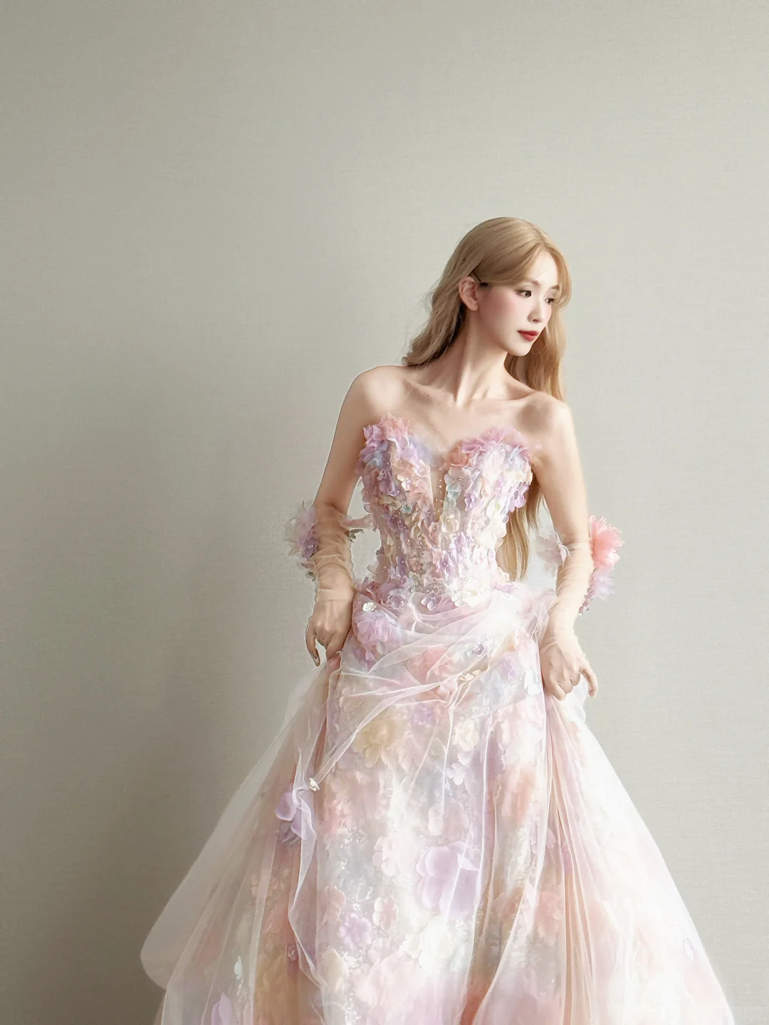 Pink Ombre 3D Floral Strapless Prom Gown Tulle Formal Dress with Gloves  NV7167