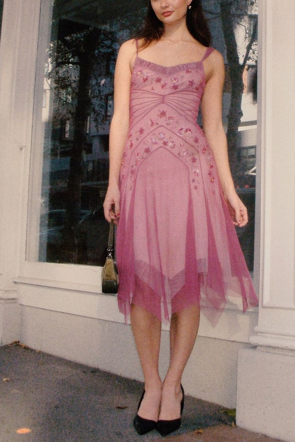 NiceVestidos - Robe de bal mi-longue perlée rose NV5692