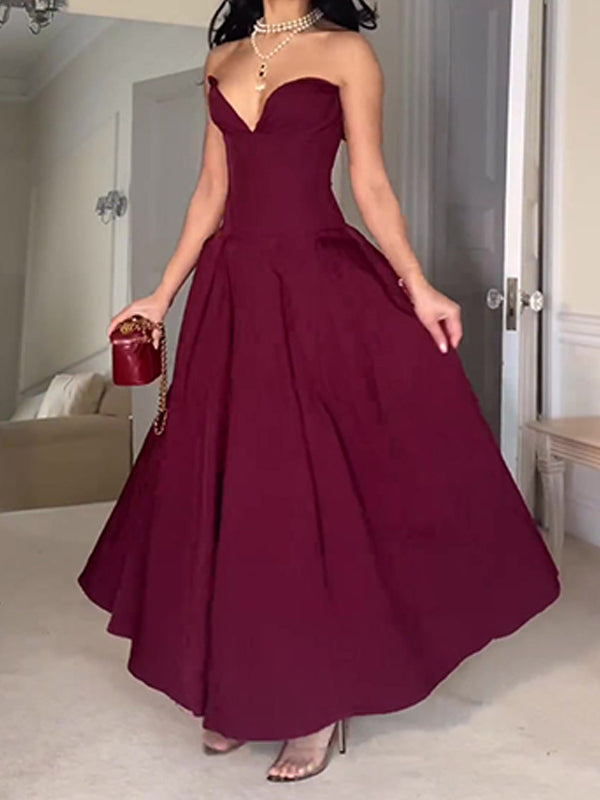 Burgundy A-line Princess V-neck Floor-length  Long Ball Gown Evening Dress nv1933