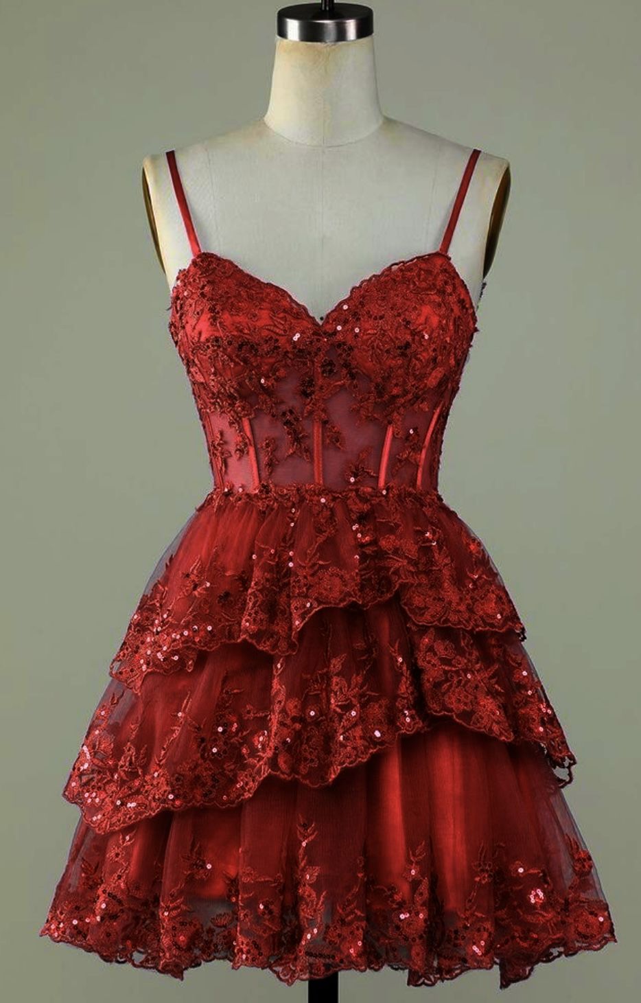 Red shiny sequin ruffle short tulle homecoming dress birthday party dress nv4933