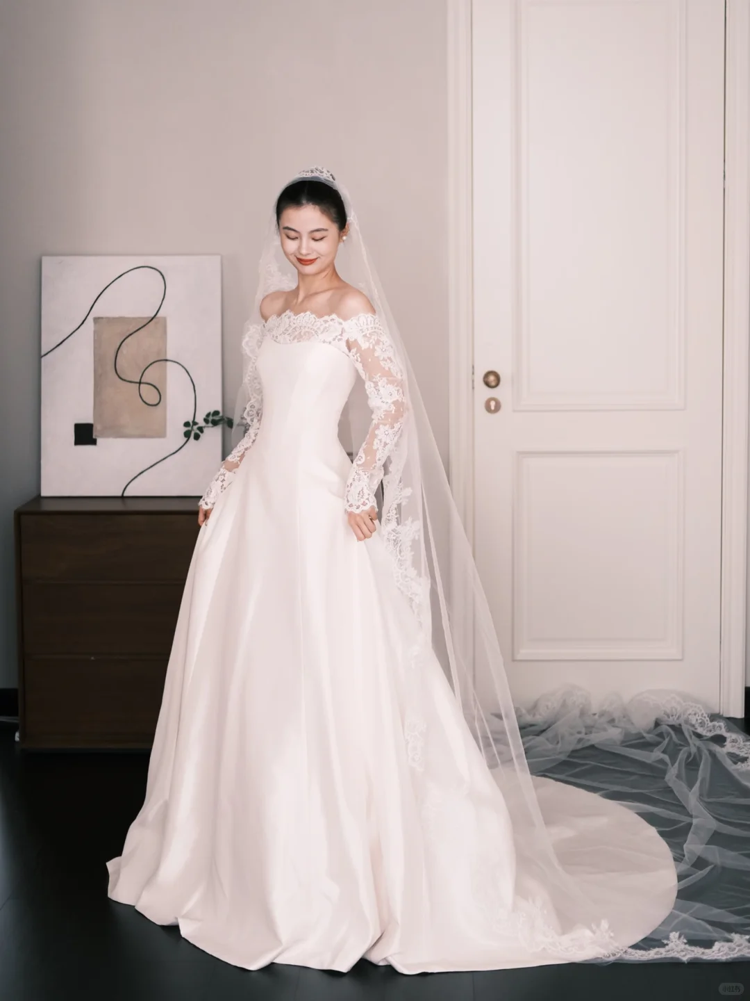 White Off The Shoulder Lace Sleeve Satin Wedding Dress  NV7237