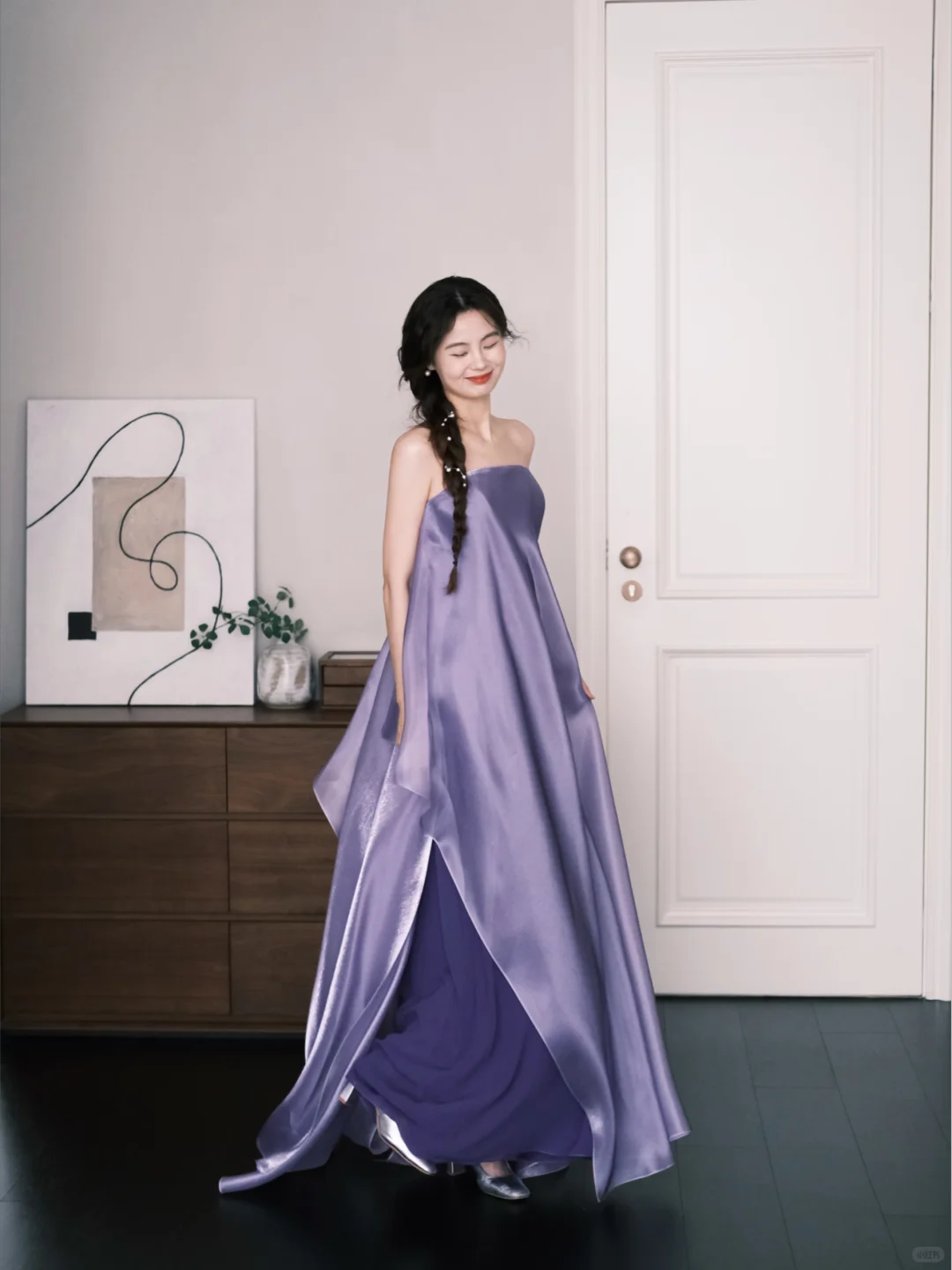Lavender Strapless Satin Prom Dress Flowy Long Train Evening Gown  NV7213