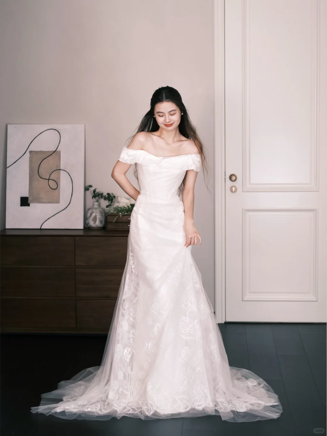 Off-the-Shoulder Lace Mermaid Wedding Gown, Floral Lace Fitted Bridal Dress  NV7306