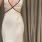 White satin simple elegant long dress yellow black fashion lines contrast low-cut V-neck hollow spaghetti straps long ball gown party dress evening dress prom dress to impress nv2587