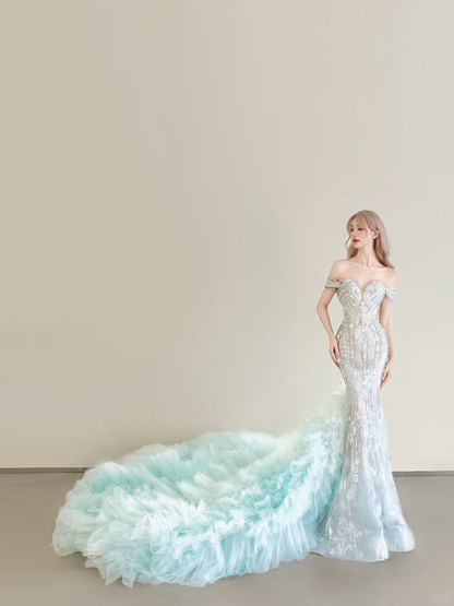 Mint Green Off Shoulder Mermaid Prom Gown Beaded Sequin Ruffled Tulle Train  NV7176