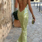 Lime Green Spaghetti Strap Sequined Backless Sexy Elegant Maxi Dress Long Evening Dress Party Dress nv2692