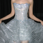 Strapless Silver White Ball Gown Prom Dress, 3D Hoop Organza Beaded Evening Gown  NV7109
