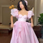 Pink Puff Sleeve Tulle Long Ball Gown Evening Dress Party Dress nv2702