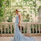 Light blue simple and elegant flowing V-neck low-cut long ribbons galore dress to impress ball dress evening dress Wedding dresses for guests party dress nv2576