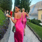 Pink simple and elegant one-shoulder fashion wedding guest dress long satin ball gown evening dress nv2647