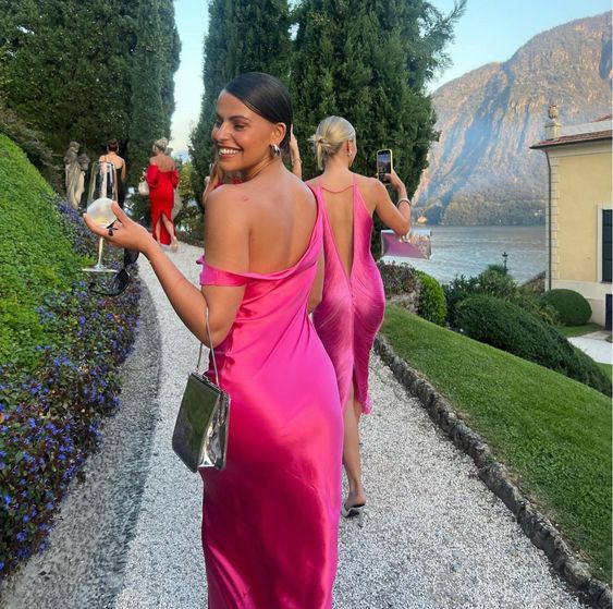 Pink simple and elegant one-shoulder fashion wedding guest dress long satin ball gown evening dress nv2647