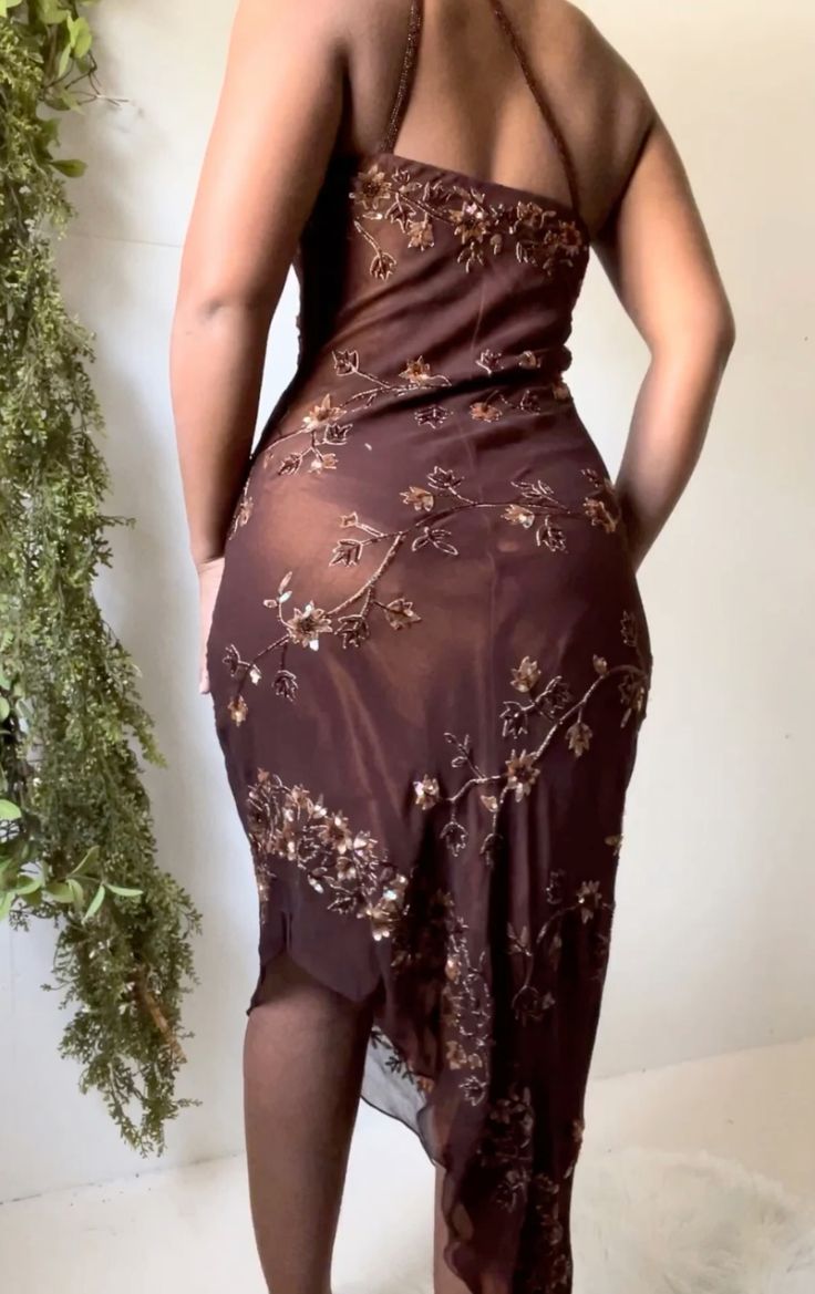 Robe de soirée longue en mousseline de soie, asymétrique épaule dénudée, perles exquises, marron/noir, nv3661