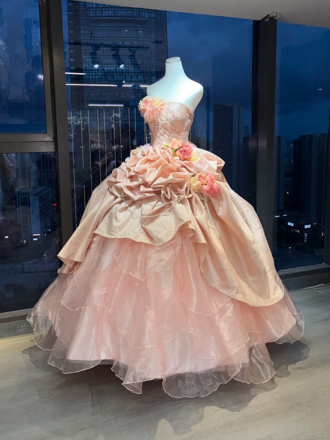 Strapless Blush Pink Princess Ball Gown 3D Flowers Ruffled Satin Tiered Tulle Pearl Chain Long Prom Wedding Dress  NV6975