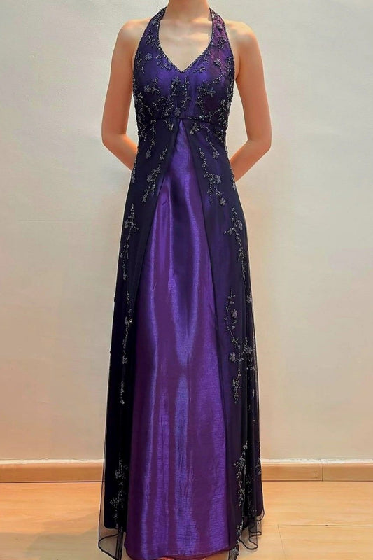 NiceVestidos - Robe de soirée longue style glamour vintage, dégradé violet-noir, en tulle et perles, col licou, NV5804