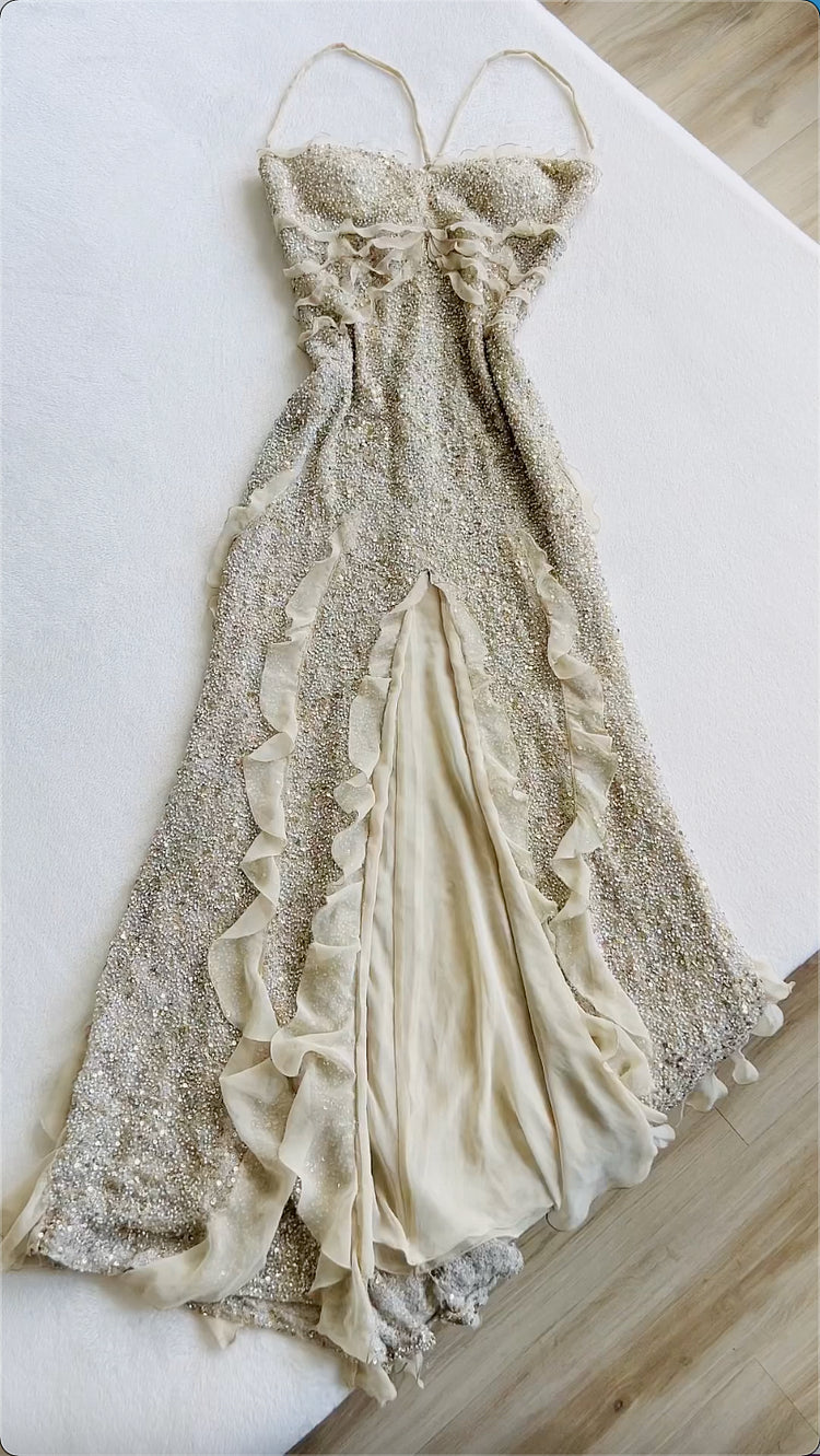 Robe de soirée longue en mousseline de soie, couleur champagne, élégante, exquise, à paillettes, sexy, fendue, robe de bal, robe de fête d'anniversaire, nv3731