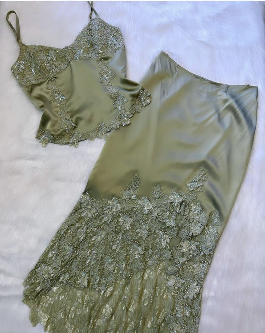 Robe de soirée longue en satin vert exquis, deux pièces, motif floral, robe de soirée nv5347