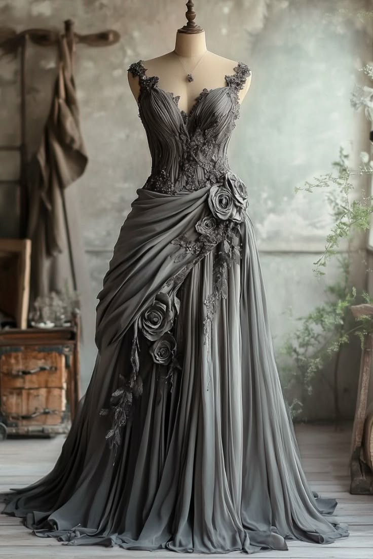 Robe de bal longue élégante en tulle à fleurs grises nv4841
