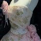 Pink Ombre Spaghetti Straps Ball Gown Gold Glitter Floral 3D Rose Tiered Ruffle Tulle Fairy Prom Dress  NV6939