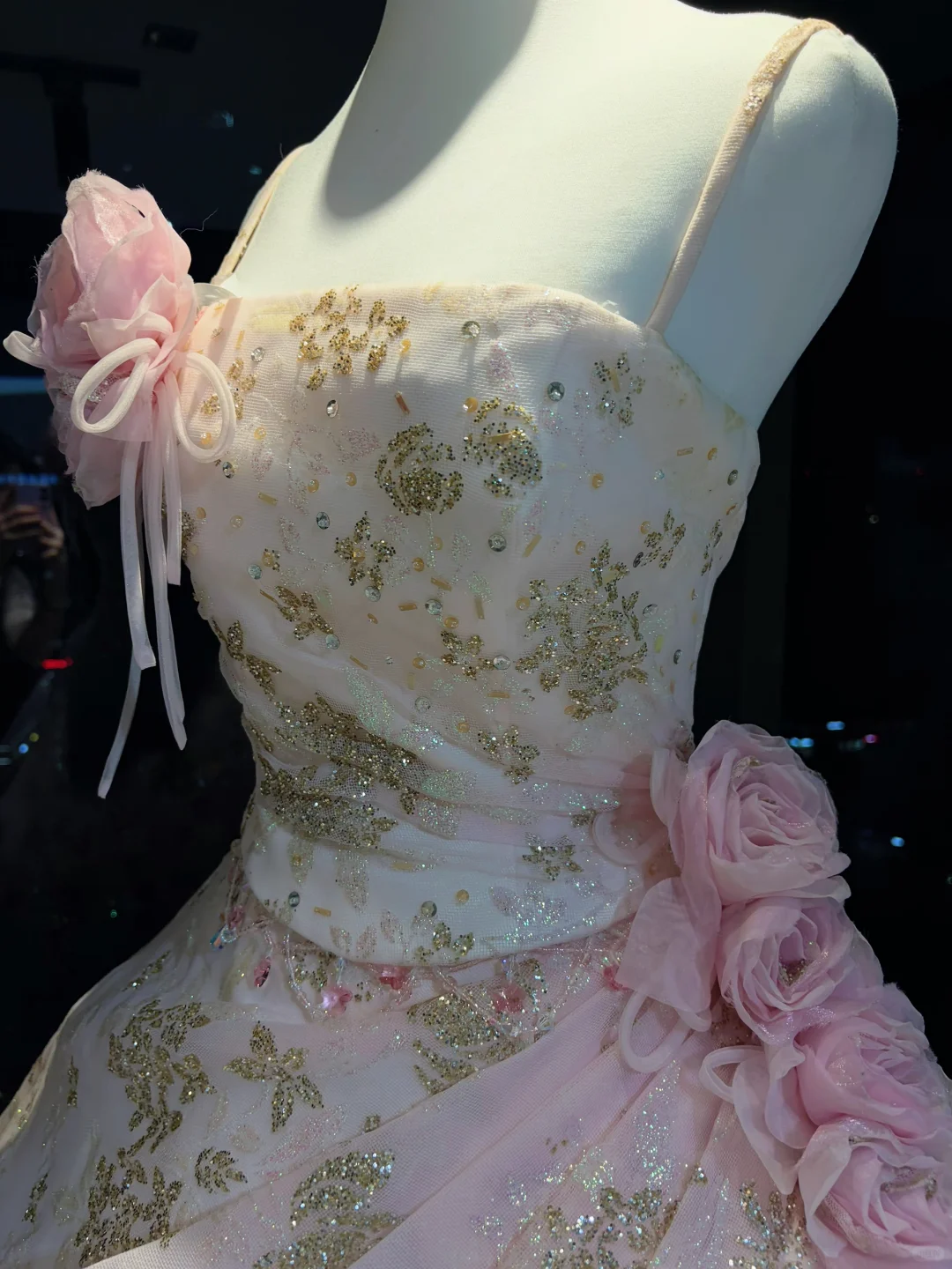 Pink Ombre Spaghetti Straps Ball Gown Gold Glitter Floral 3D Rose Tiered Ruffle Tulle Fairy Prom Dress  NV6939
