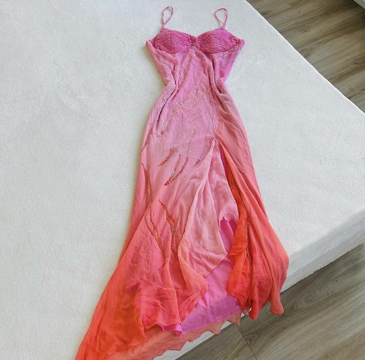 Robe de soirée longue en mousseline de soie, élégante, plissée, à bretelles spaghetti, dégradé de couleurs, rose, nv3663