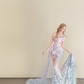 Ombre Pink Blue Strapless Sheer Mermaid Prom Dress 3D Floral Sparkle Tulle Train  NV7144
