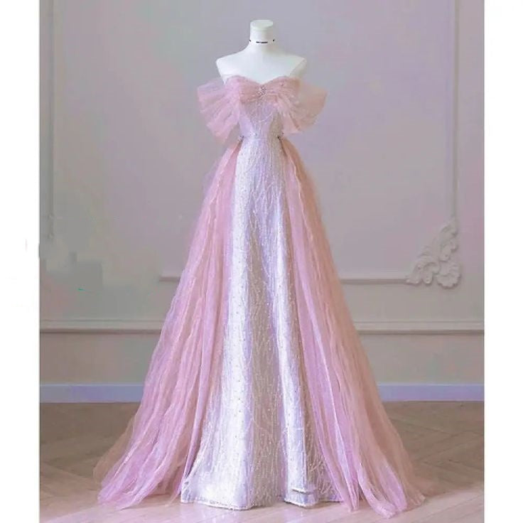 Light Pink Shiny Elegant Delicate Beaded Sweetheart Neck Long Tulle Sequin Ball Gown Evening Dress Party Dress nv3783
