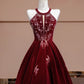 Rotes, perlenbesetztes, langes, bodenlanges Ballkleid aus Samt, NV5051