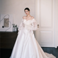 Off Shoulder Fold Satin Ballgown Wedding Dress with Lace Puff Sleeves  NV7368