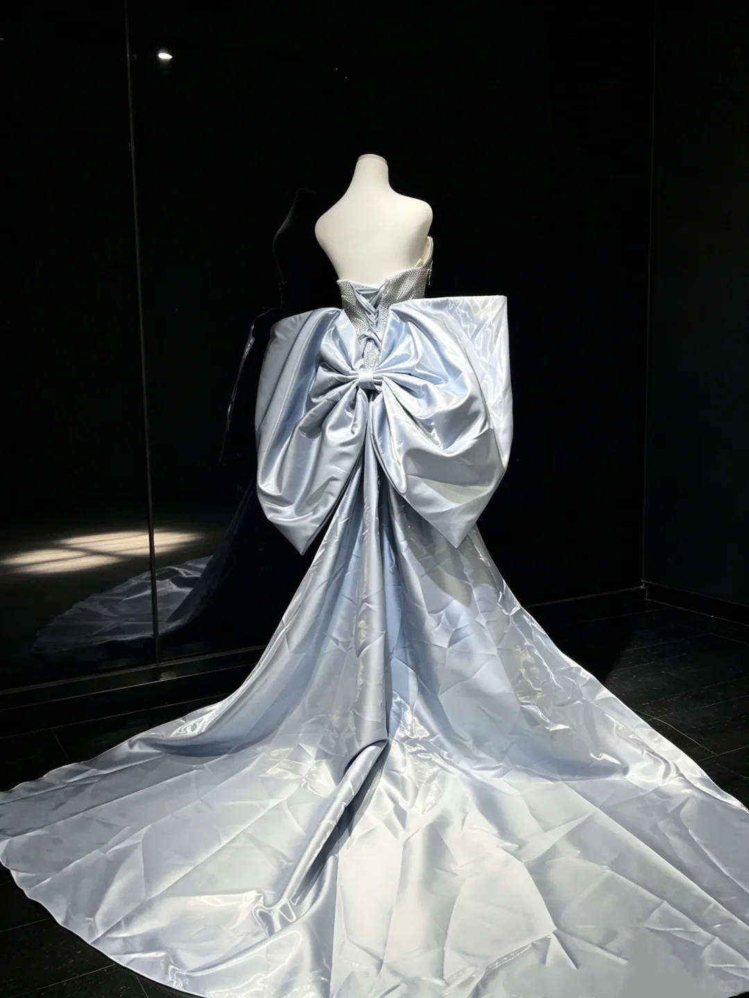 Ice Blue Strapless Mermaid Formal Gown Full Rhinestone Mesh 3D Satin Bow Long Train Evening Dress  NV6966